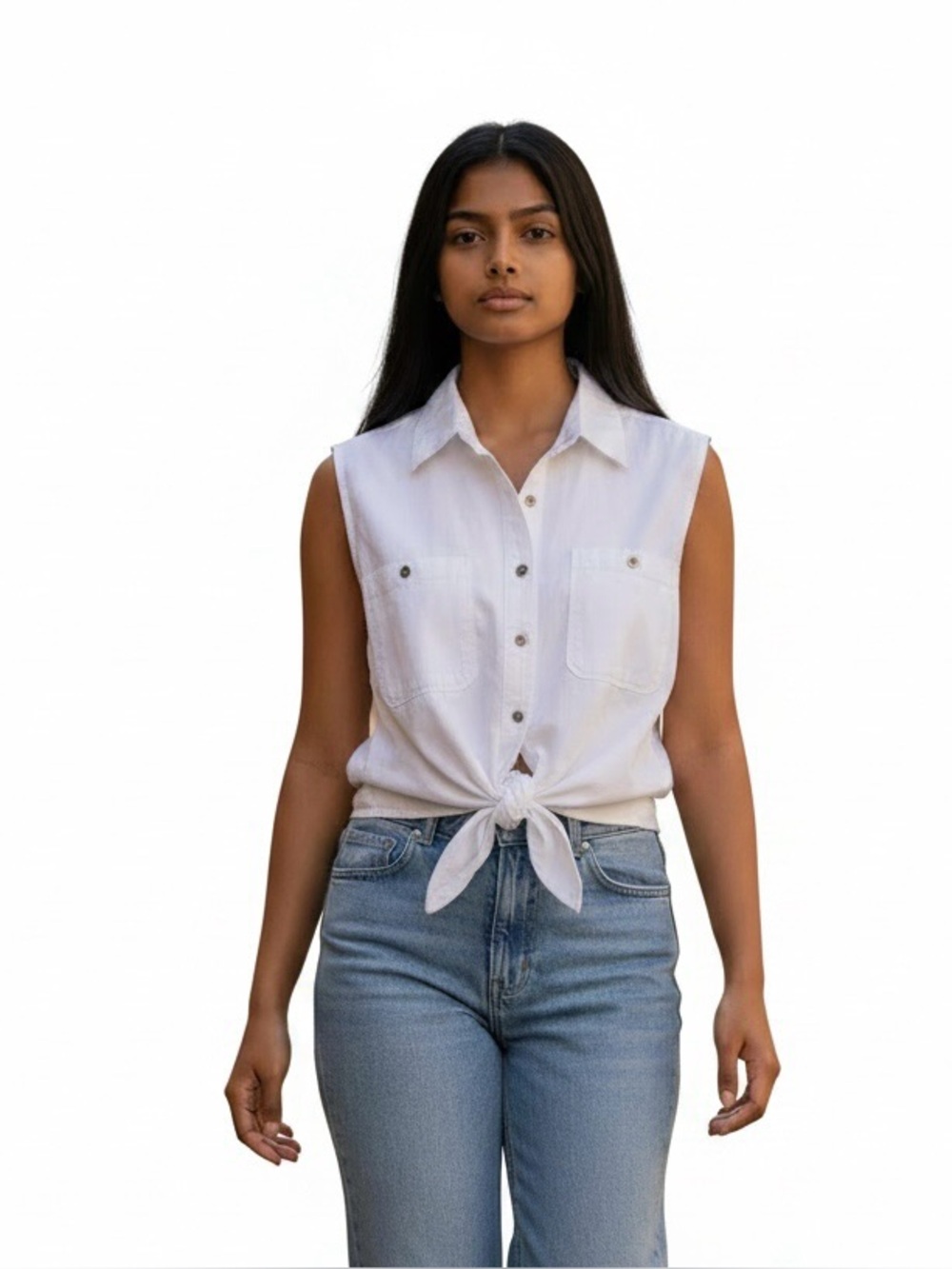 VTG Gitano White 100% Cotton Tied Up Sleeveless Top Sz M Summer Crisp Blouse